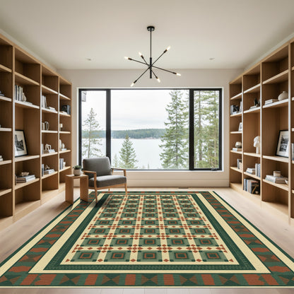 Geometric Square Red Green Cream Rug