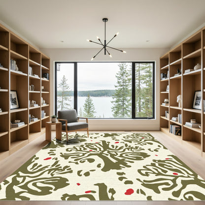 Olive Green Abstract Tree Red Berry Rug