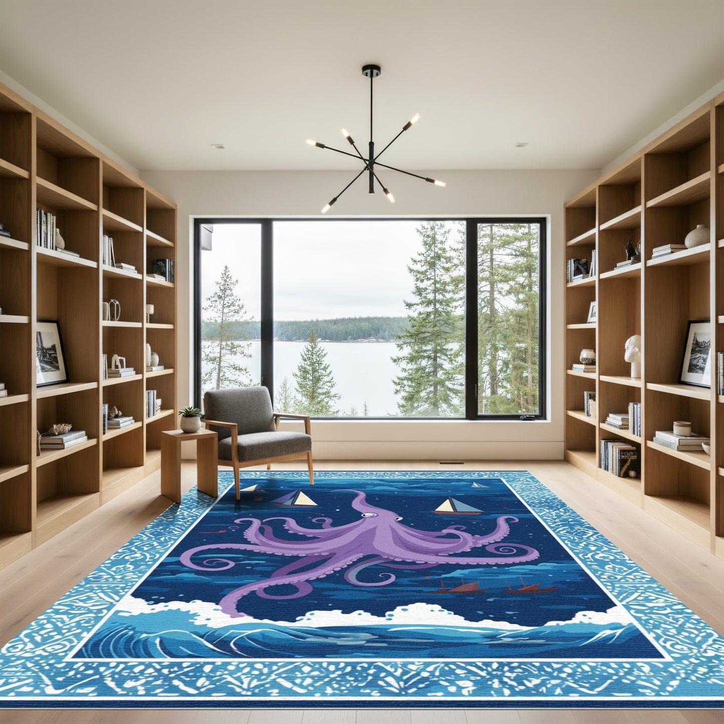 Purple Octopus Sailing Scene Rug