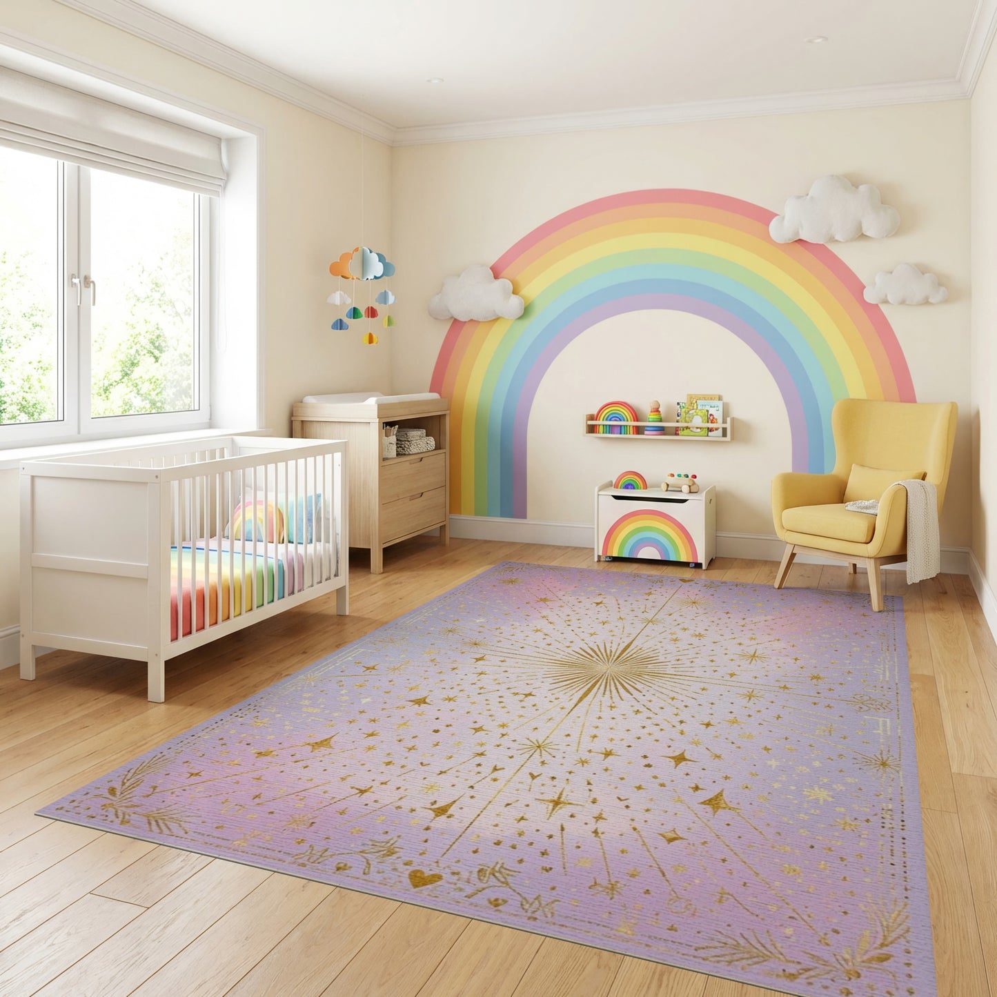 Radiant Golden Starburst Starry Purple Rug