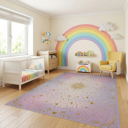 Radiant Golden Starburst Starry Purple Rug
