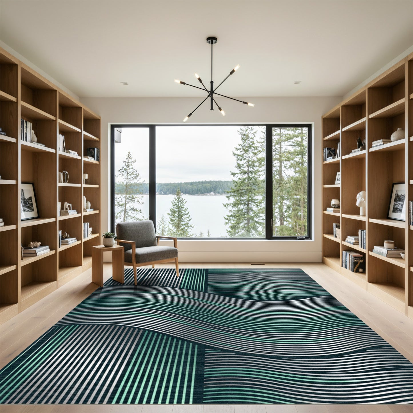 Modern Teal and Silver Wavy Lines Rug
