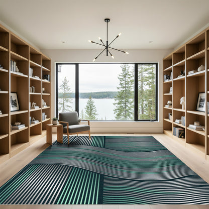 Modern Teal and Silver Wavy Lines Rug