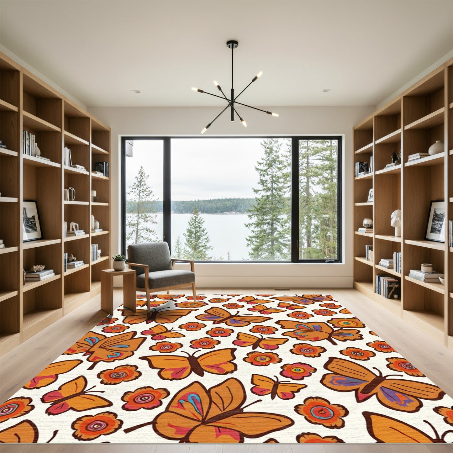 Retro Orange Butterfly Flower Grove Rug