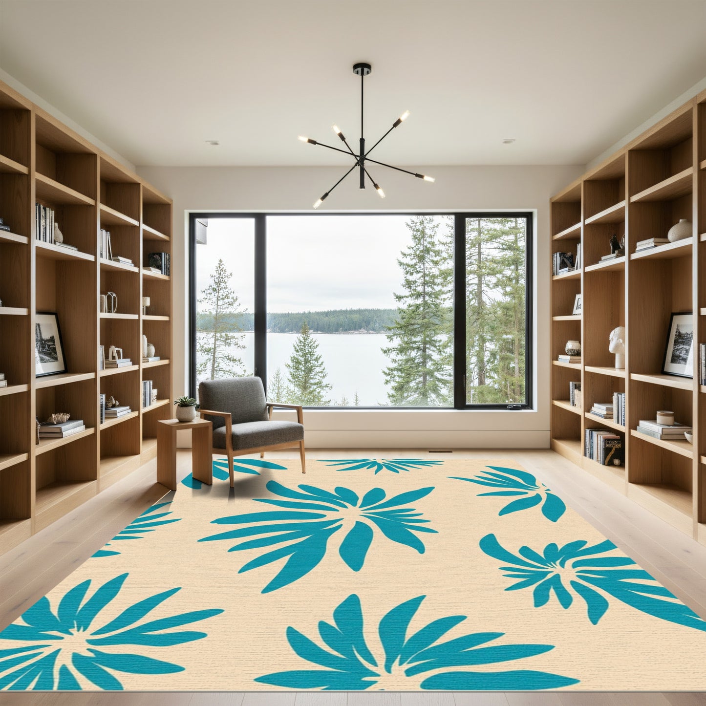 Teal Abstract Floral Starburst Arrangement Rug