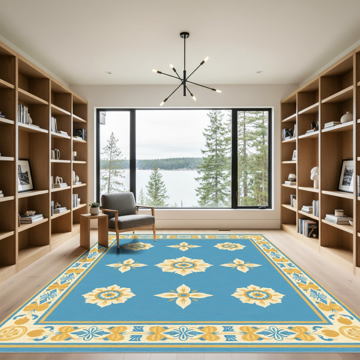 Blue Cream Yellow Floral Medallion Border Rug
