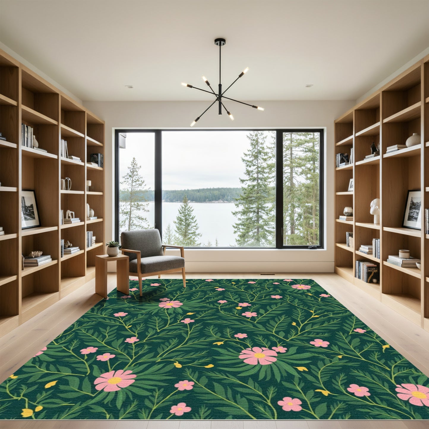 Dark Emerald Pink Floral Branch Rug