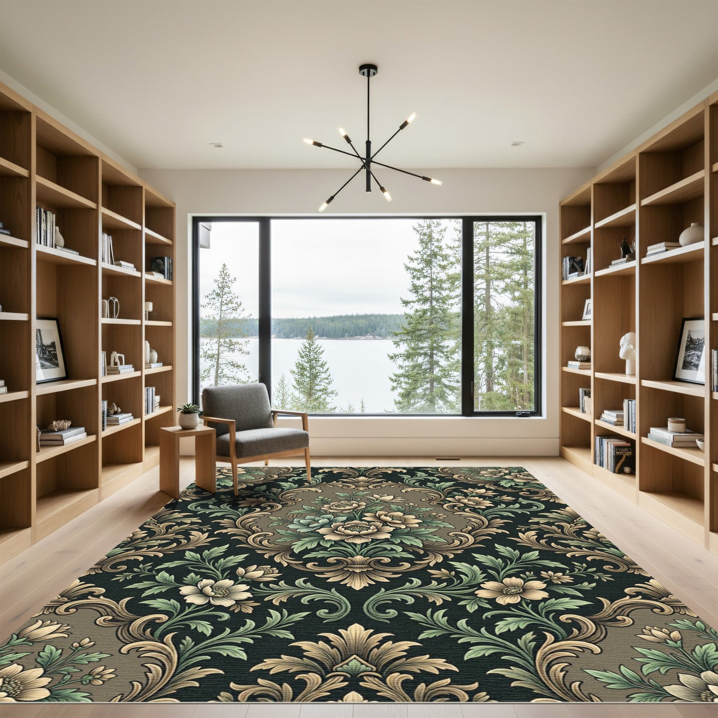 Elegant Dark Floral Damask Scroll Rug