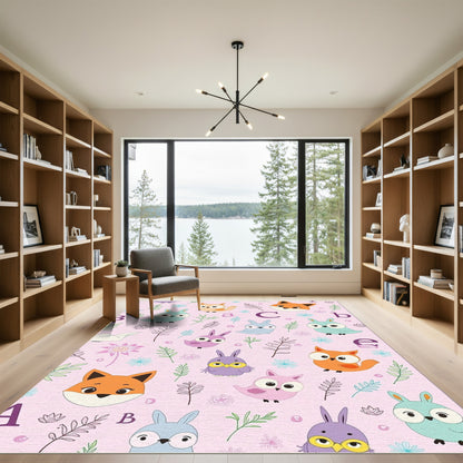 Whimsical Fox Owl Rabbit Alphabet Pattern Rug
