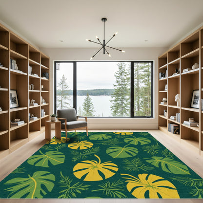 Vibrant Green Yellow Leafy Tropics Rug