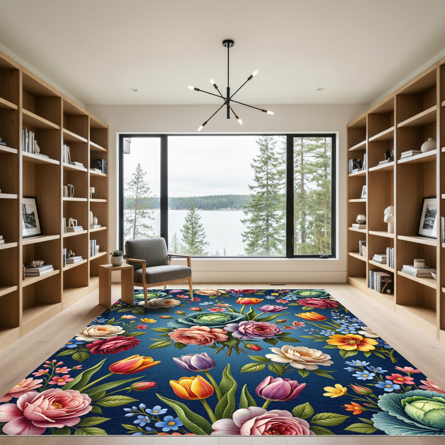 Vibrant Floral Bouquet Blue Background Rug