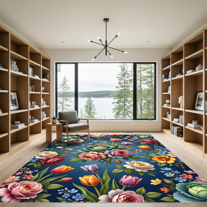 Vibrant Floral Bouquet Blue Background Rug
