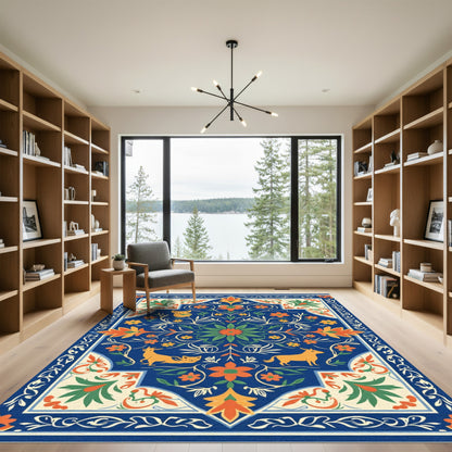 Deep Blue Floral Animal Garden Rug