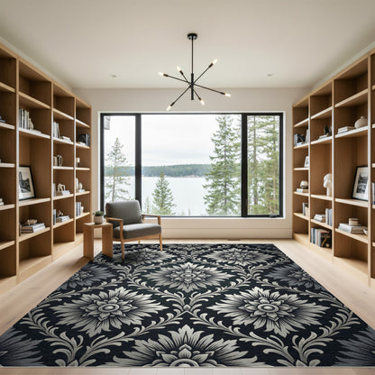 Ornate Silver Floral Scroll Rug
