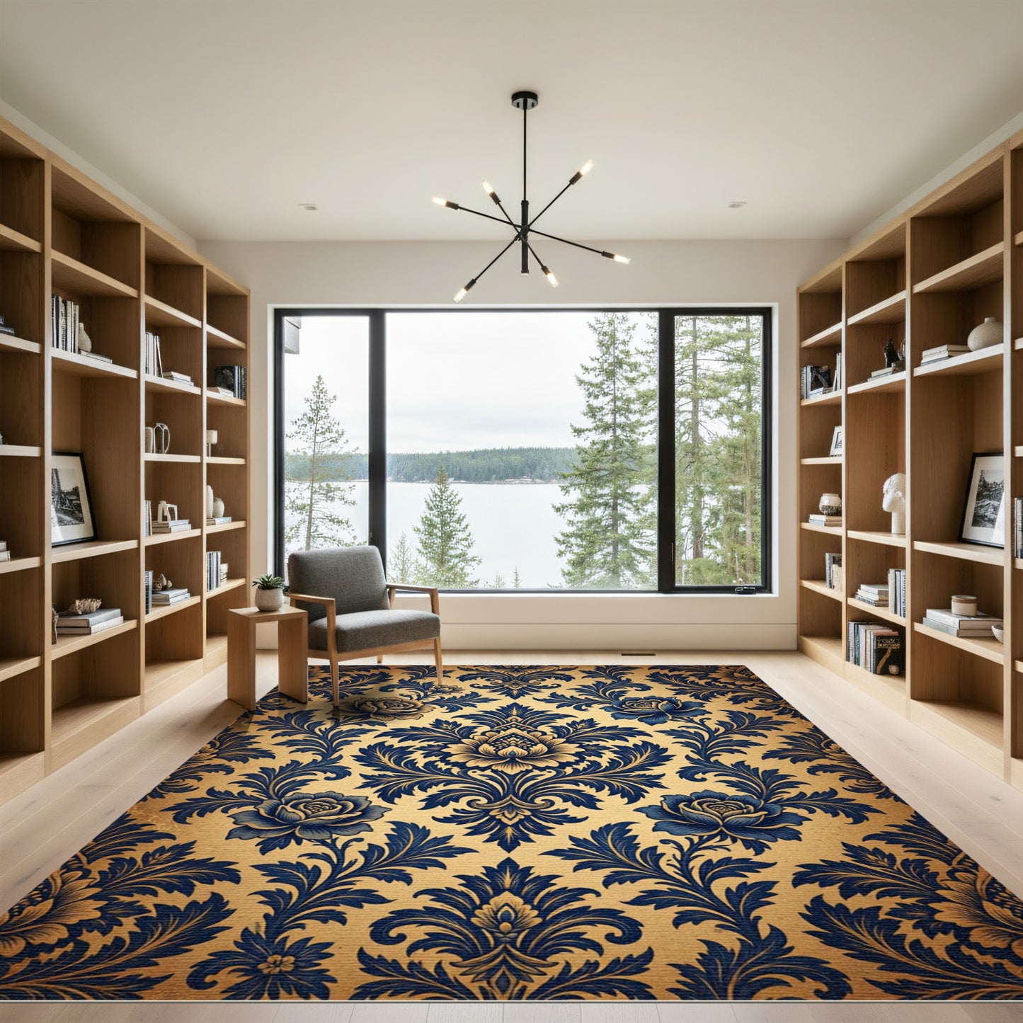 Elegant Navy Blue Rose Damask Rug