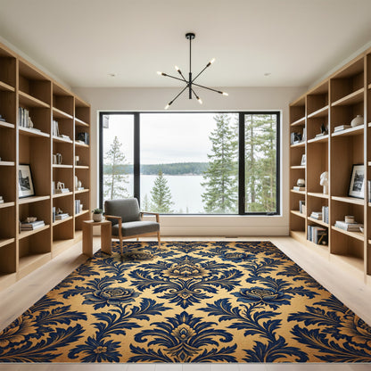 Elegant Navy Blue Rose Damask Rug