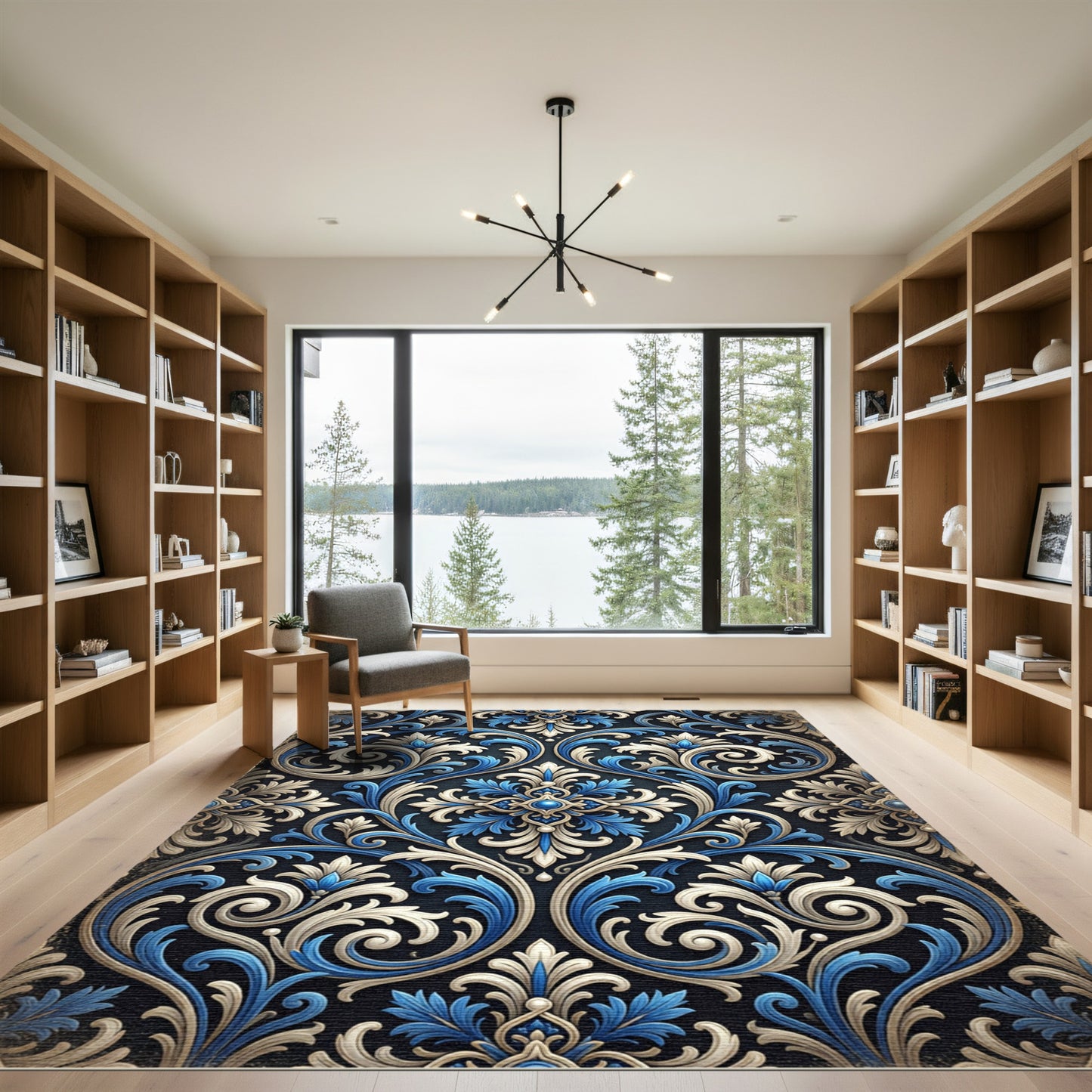 Ornamental Blue and Cream Scrolling Damask Rug