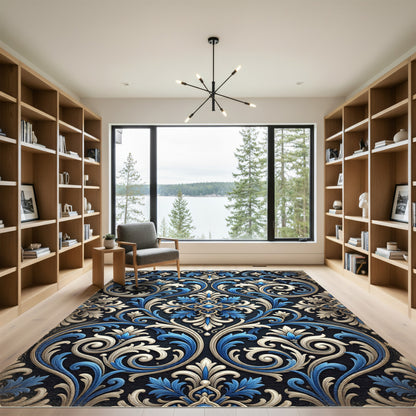 Ornamental Blue and Cream Scrolling Damask Rug