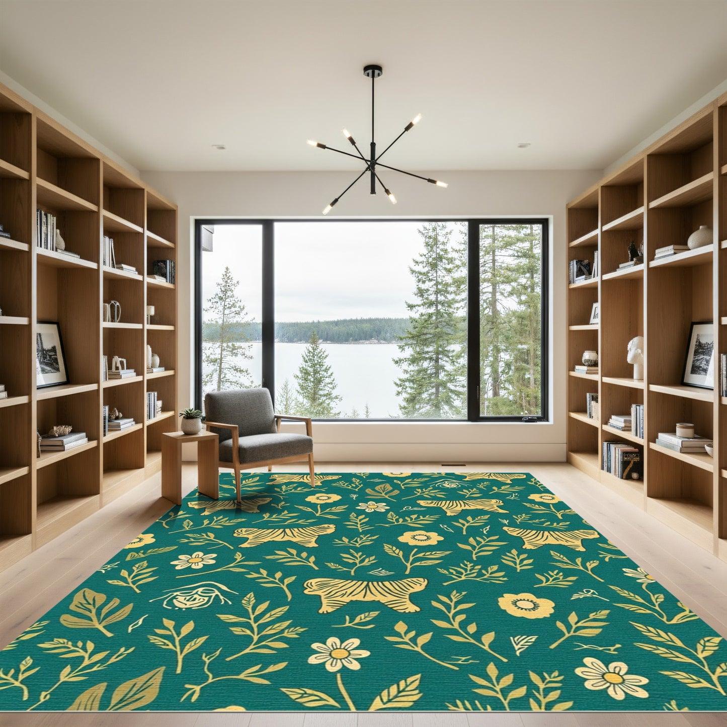 Golden Tiger Floral Emerald Garden Mural Rug