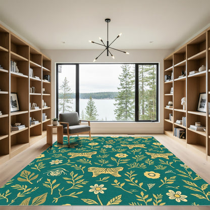 Golden Tiger Floral Emerald Garden Mural Rug