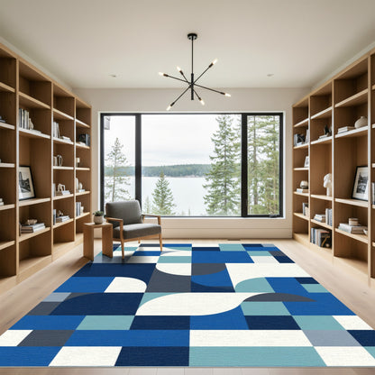 Modern Blue Geometric Curve Blocks Rug