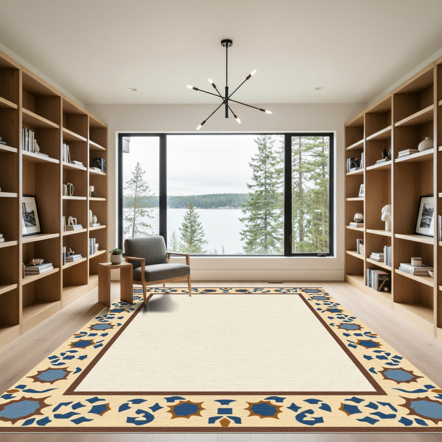 Brown Blue Geometric Starburst Frame Rug