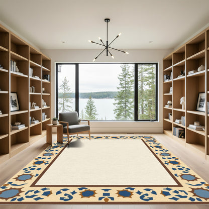 Brown Blue Geometric Starburst Frame Rug