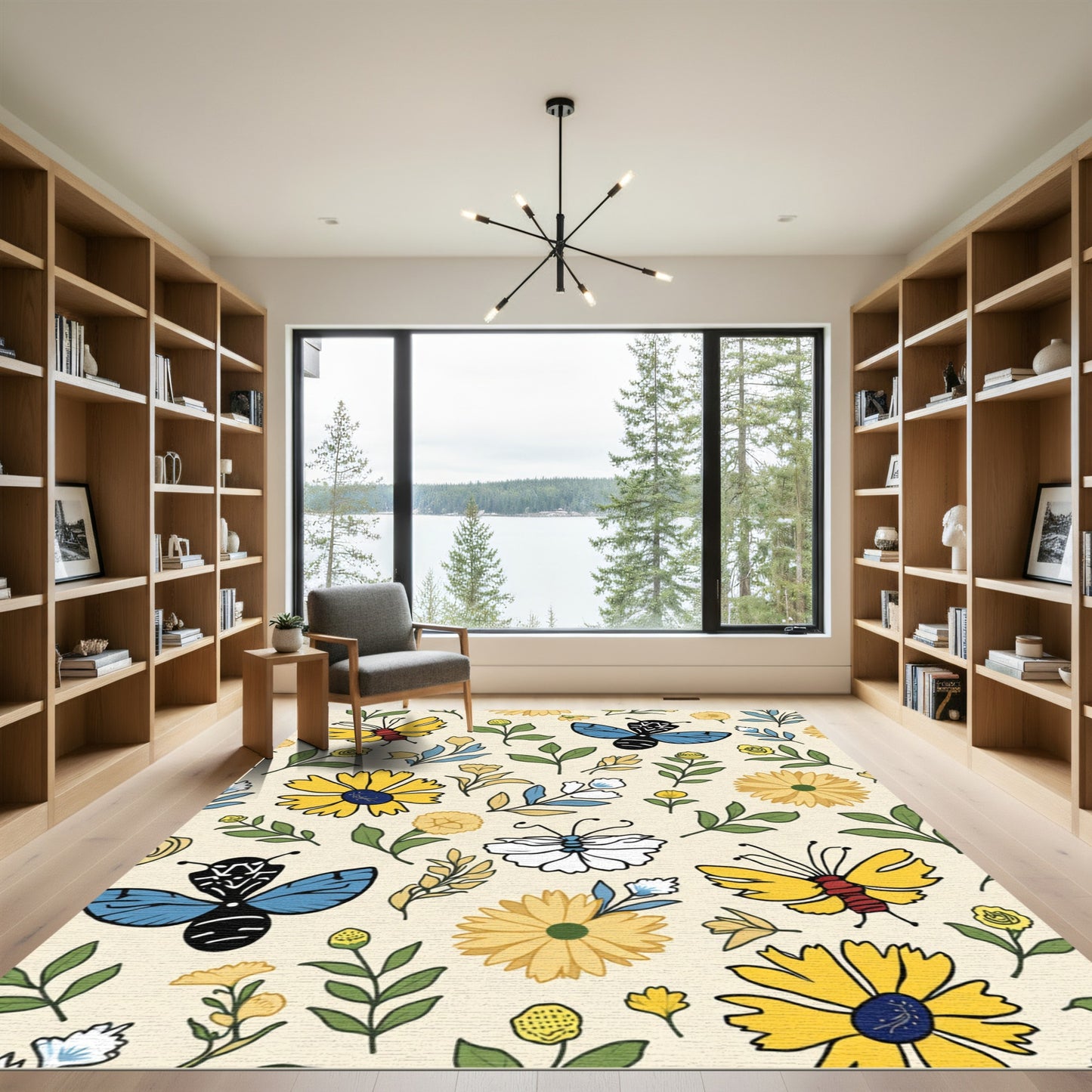Yellow Blue White Butterfly Floral Composition Rug