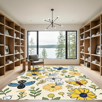 Yellow Blue White Butterfly Floral Composition Rug