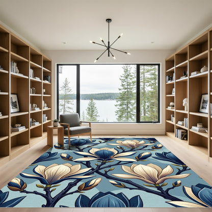 Navy and Cream Magnolia Blossom Floral Rug
