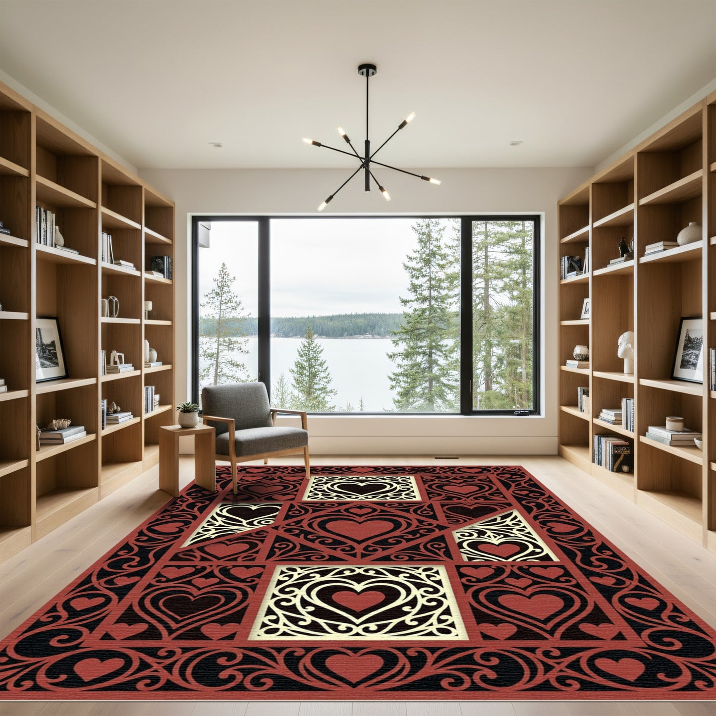 Ornate Crimson Heart Damask Jacquard Rug