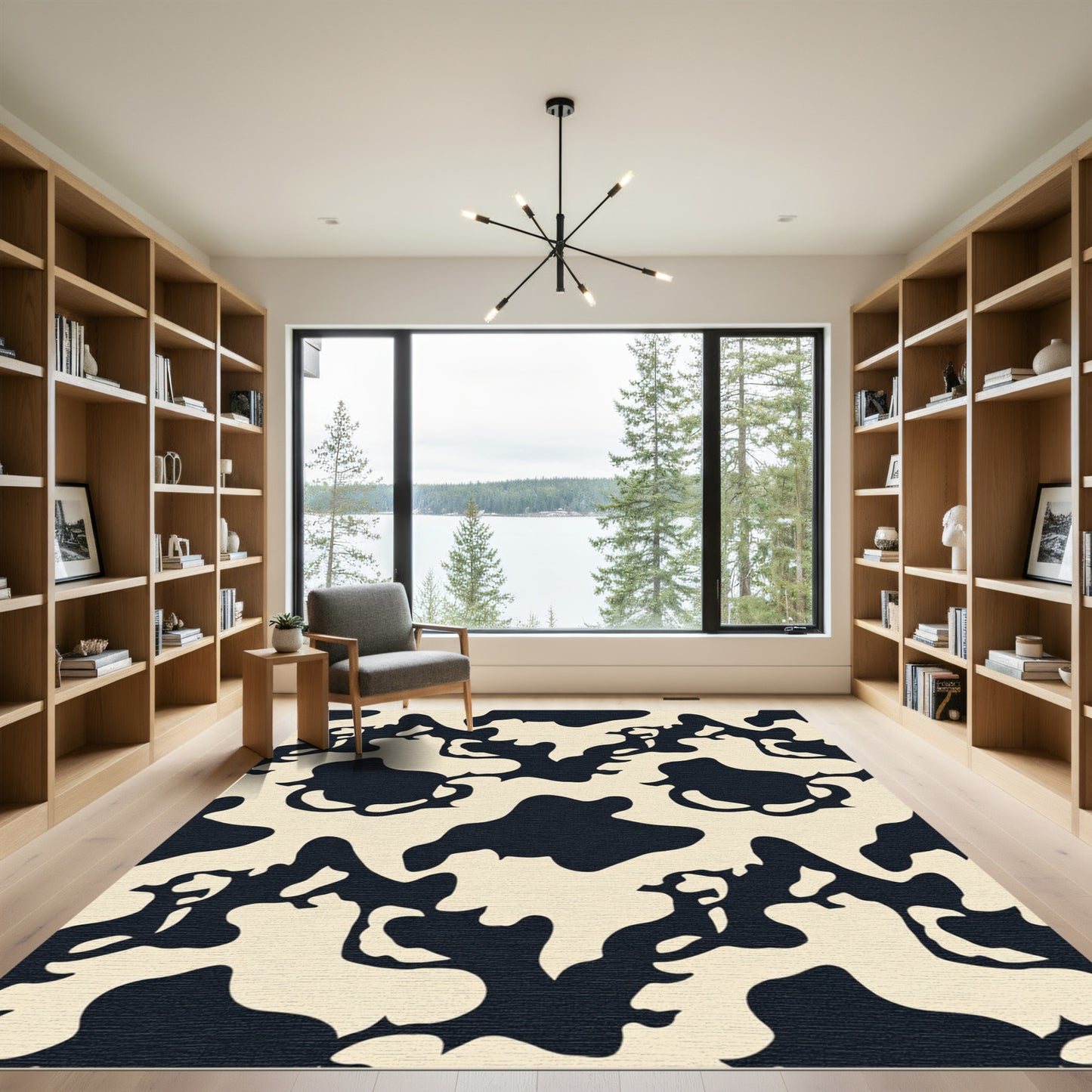 Cream and Black Abstract Animal Print Rug