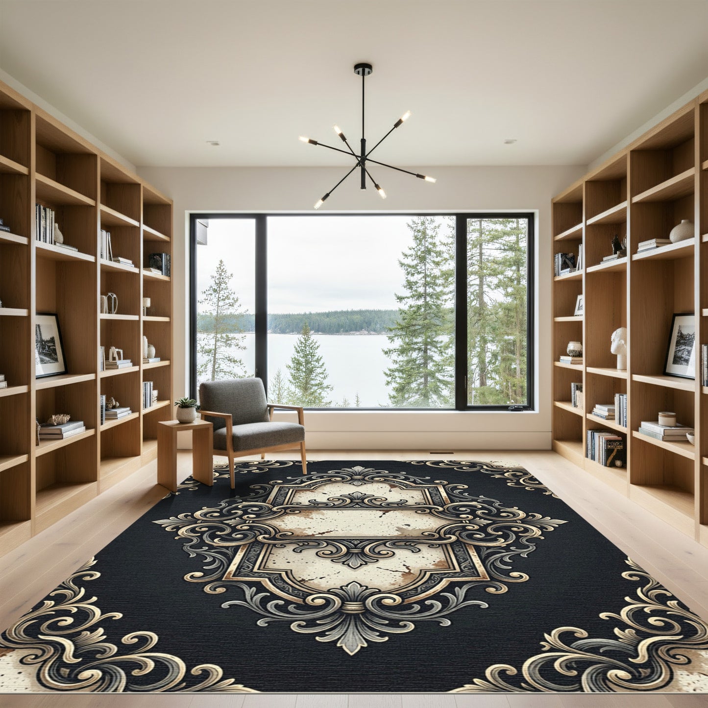 Ornate Black and Gold Scroll Medallion Rug