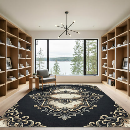 Ornate Black and Gold Scroll Medallion Rug