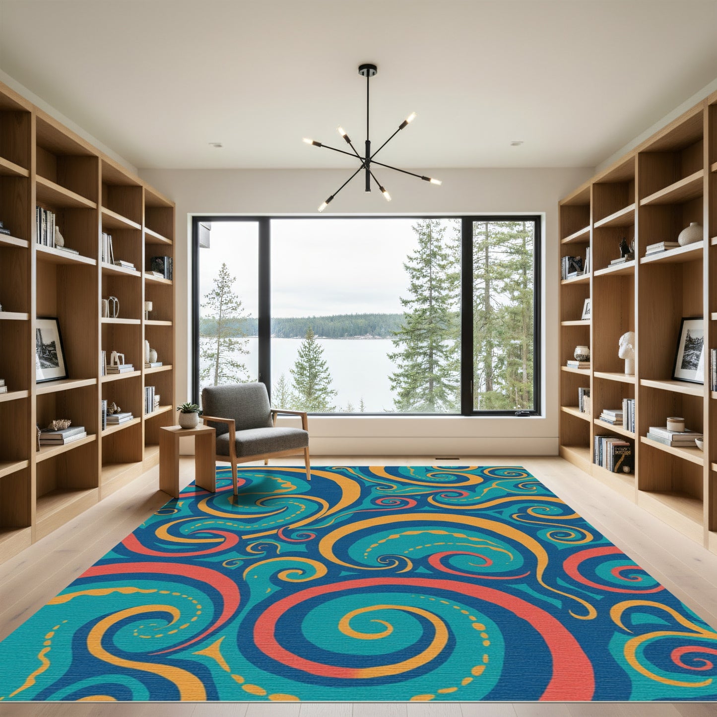 Teal Orange Coral Swirling Spiral Rug