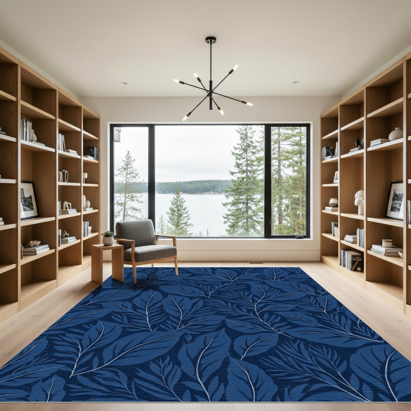 Deep Blue Leafy Botanical Composition Rug