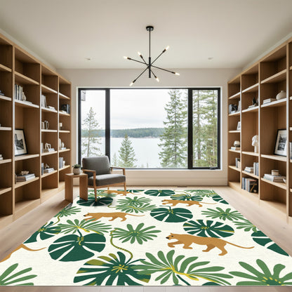 Golden Feline Tropical Leaf Panorama Rug
