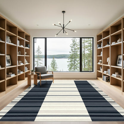 Modern Navy Cream Striped Block Rug