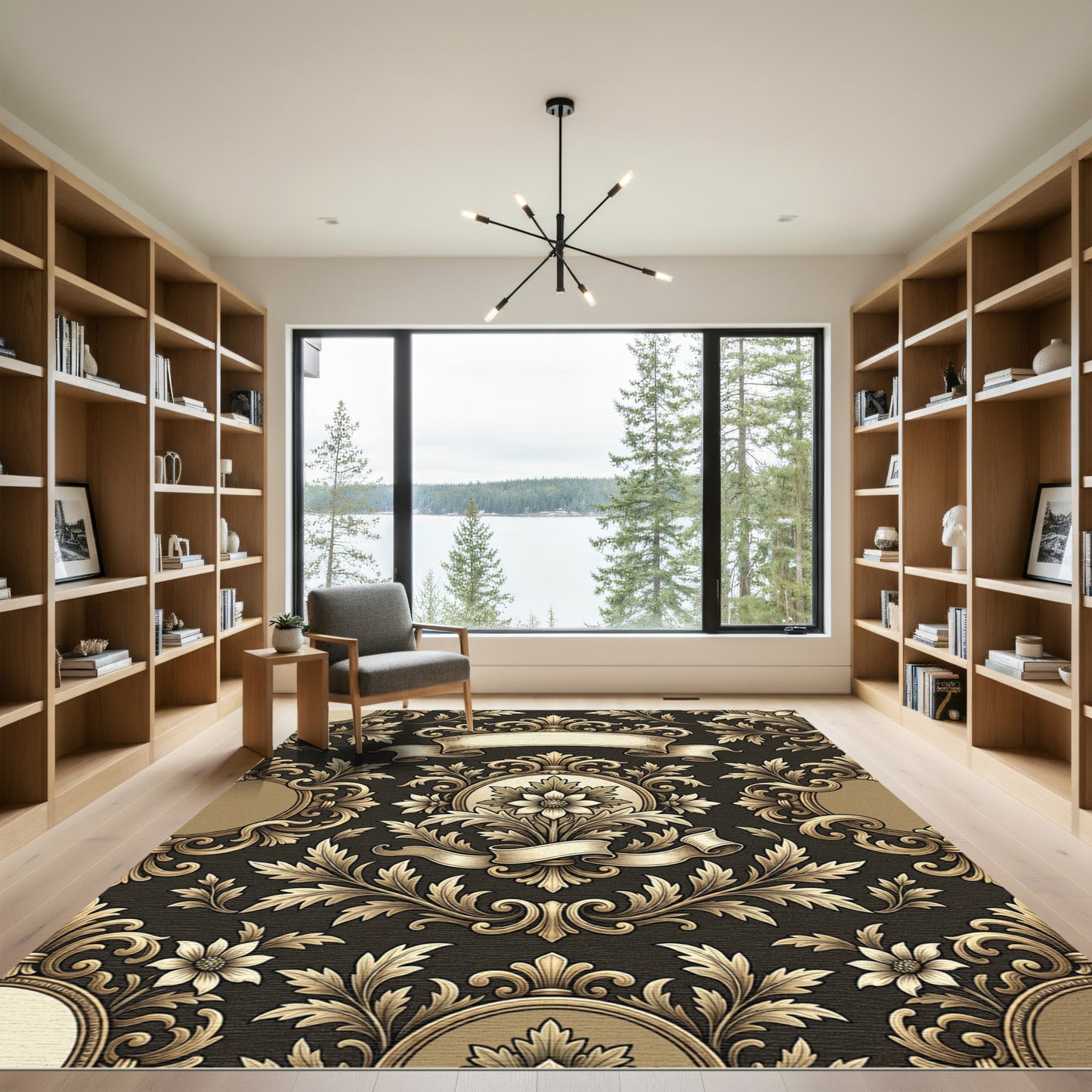 Gold Acanthus Scroll Floral Emblem Rug