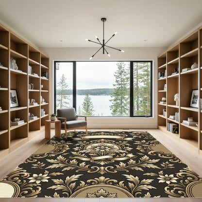 Gold Acanthus Scroll Floral Emblem Rug