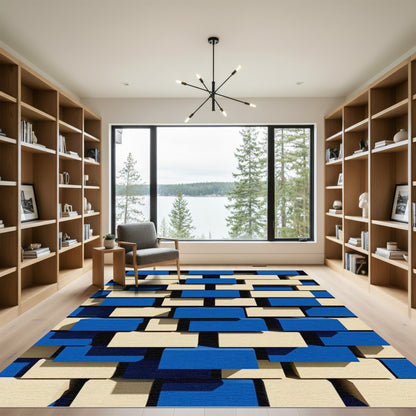 Modern Geometric Blue and Cream Blocks Rug