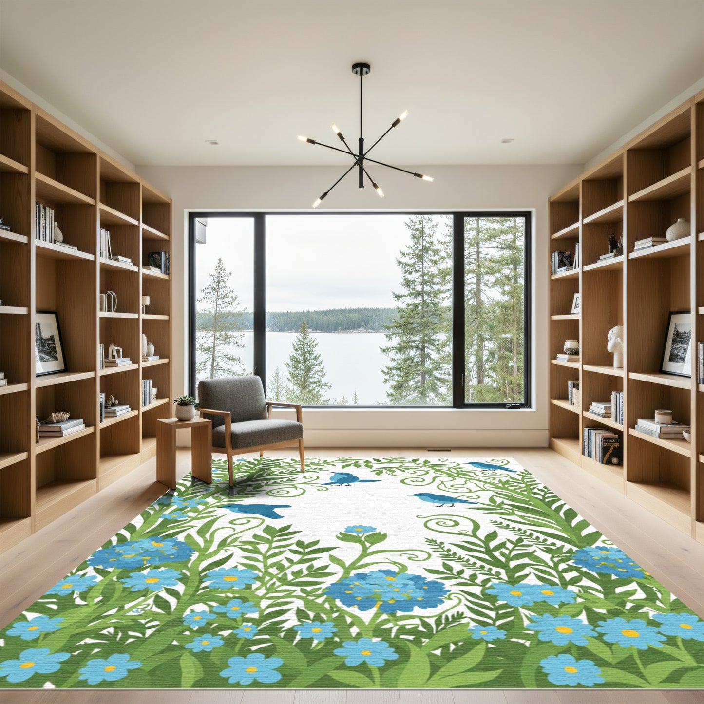 Bluebirds In Lush Greenery And Blue Flowers Rug
