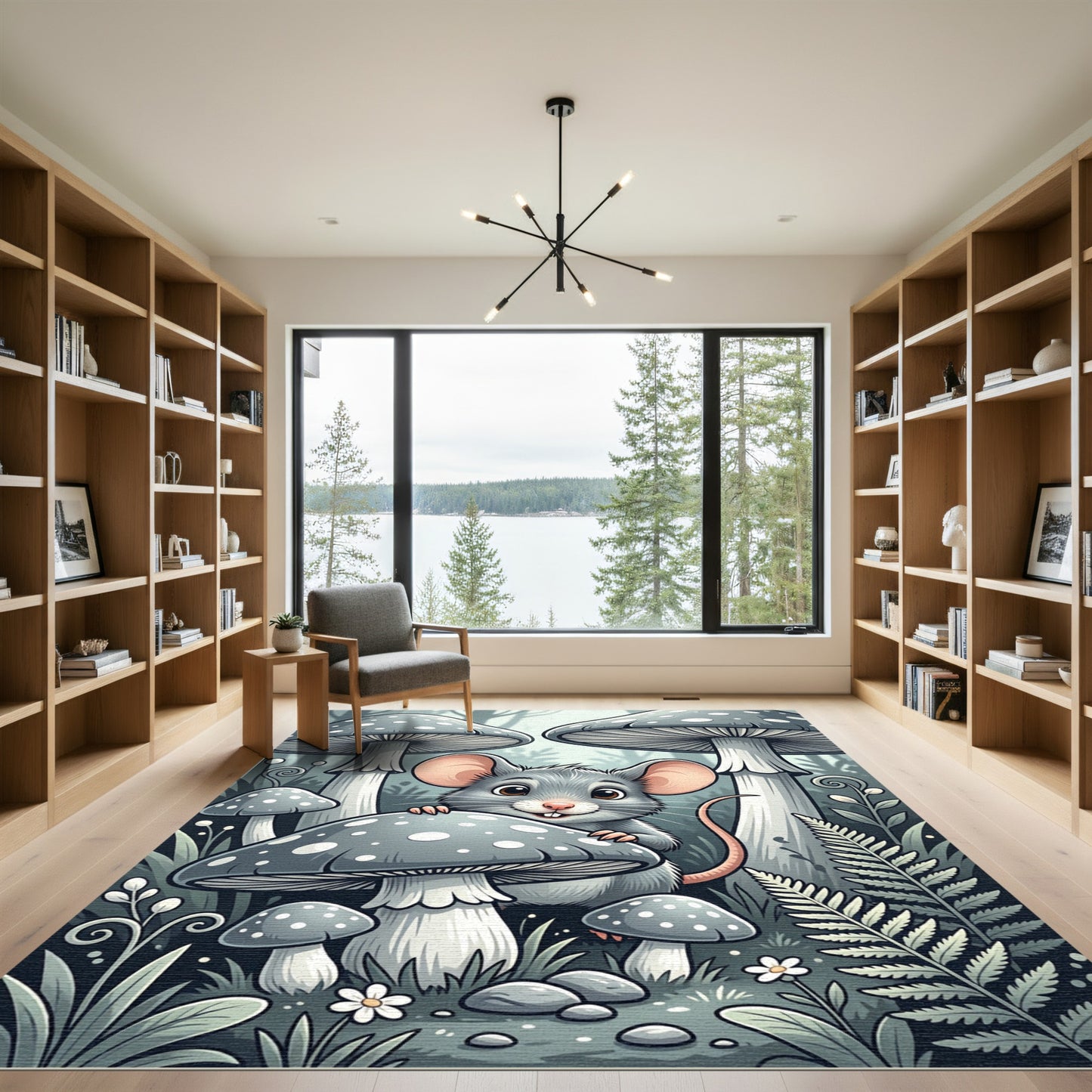 Whimsical Gray Mouse and Mushroom Forest Rug