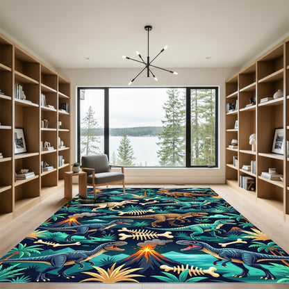 Volcanic Prehistoric Dinosaur Forest Scene Rug