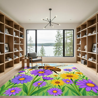 Whimsical Bee Purple Yellow Floral Garden Rug