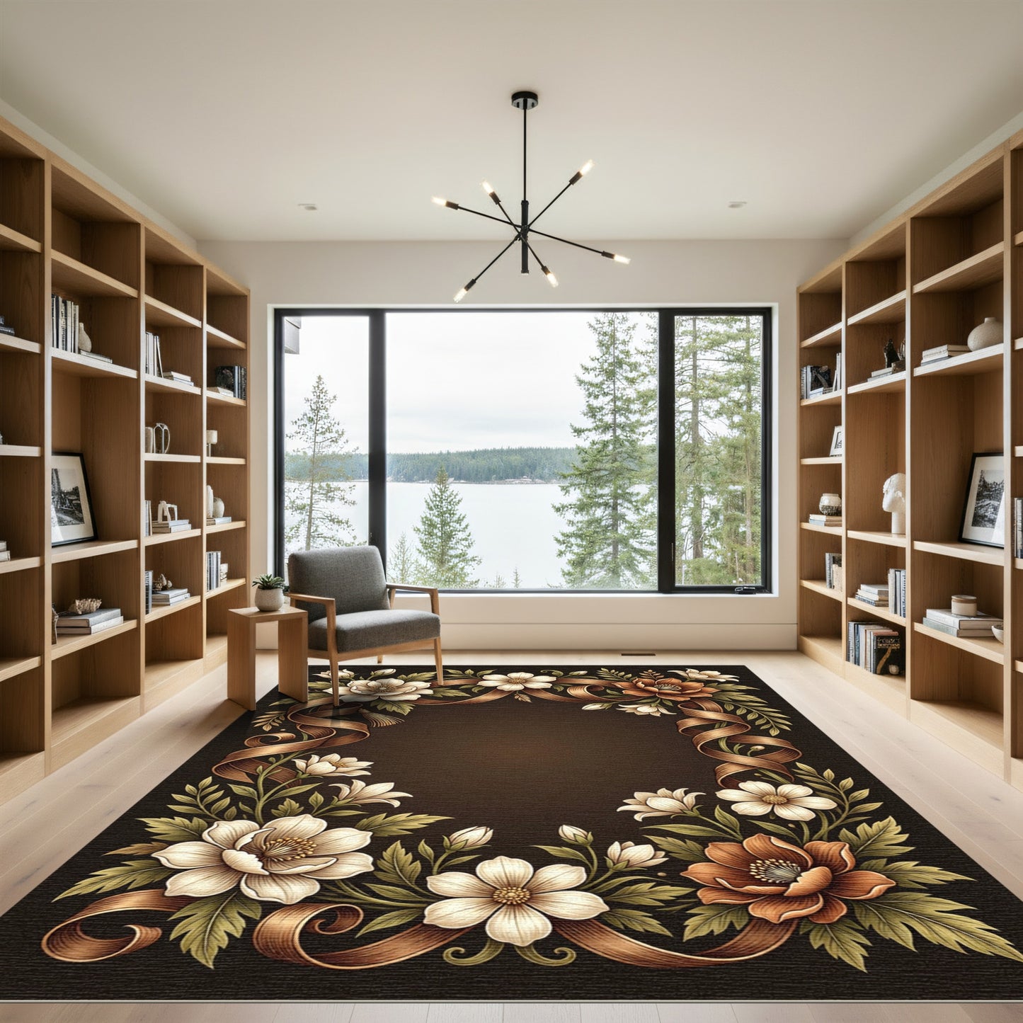 Elegant Sepia Floral Ribbon Frame Rug