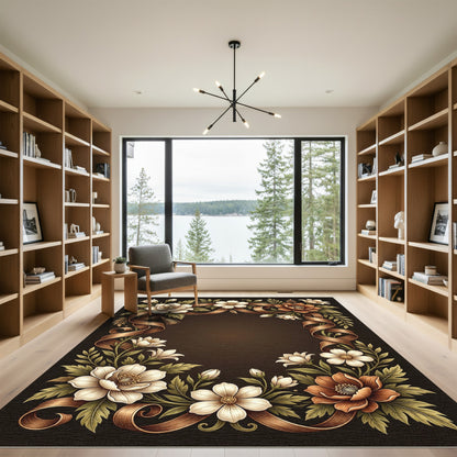 Elegant Sepia Floral Ribbon Frame Rug