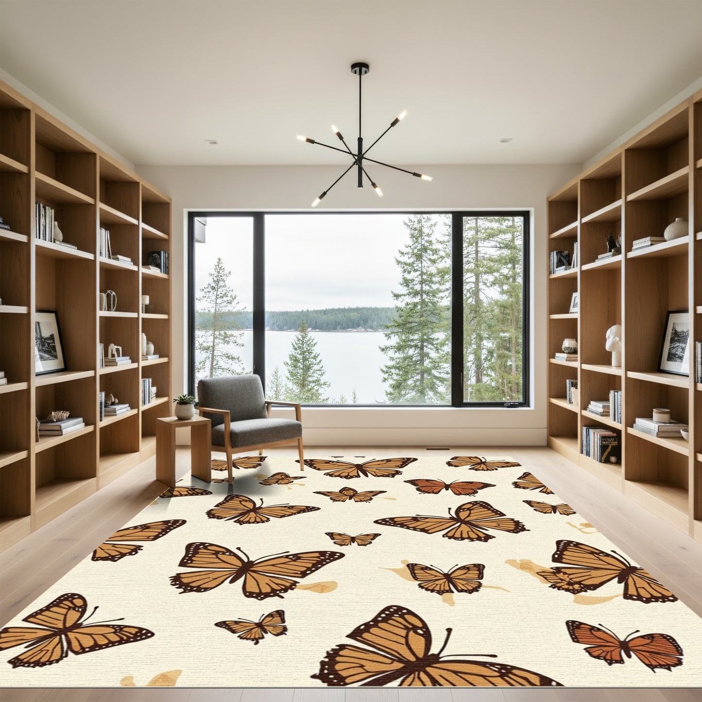 Orange Monarch Butterflies Scattered Cream Rug