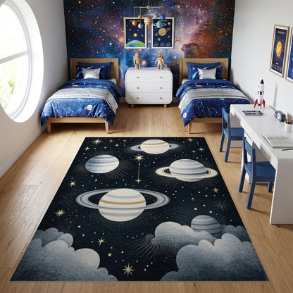 Starry Ringed Planets Gold Cosmic Rug