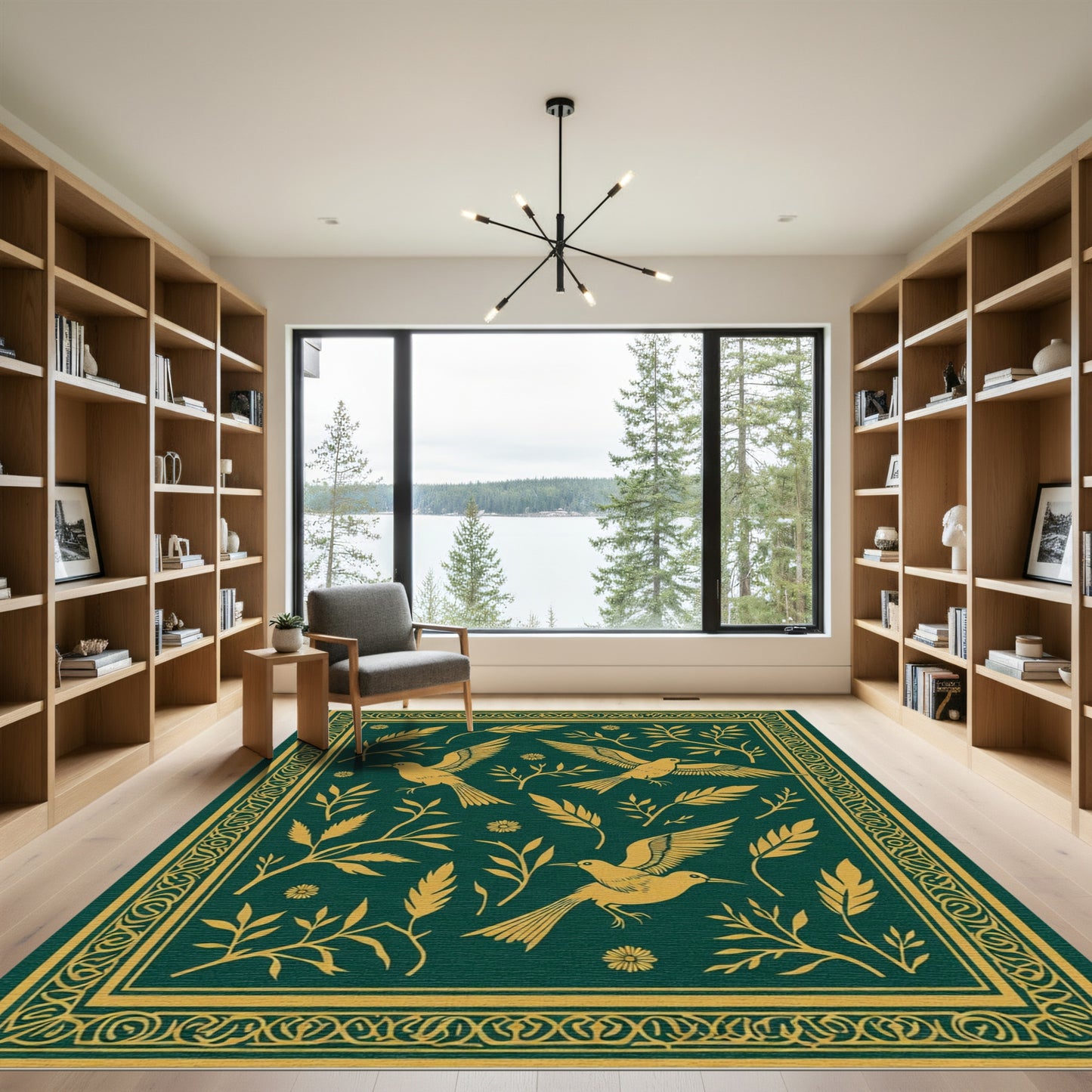 Emerald Gold Flying Bird Floral Border Rug